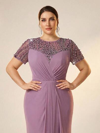 Serin Plus Size Elegant Luxurious Dark Pink Glamorous Pearl & Rhinestone Mesh Sheer Sleeve Fishtail Gown With Train, Suitable For Wedding, Party, Holiday, Bridal, Mother Of The Bride Evening Dress