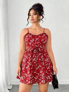 Elenzga Plus Size Women's Allover Floral Print Belted Spaghetti Strap Dress For New Year - Multicolor - View 7
