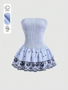 Sweetra Spring/Summer New Strapless Double Ruffle Hem Dress, Casual Vacation Outfit - Blue - View 7