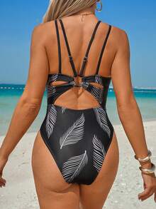 Swim Lushoire Costume da bagno intero sexy da donna con stampa di piume bianche su sfondo nero, scollo a V profondo, senza schienale, con anello decorativo, adatto per vacanze al mare, costumi da bagno interi sexy da donna - nero - Visualizzare 2