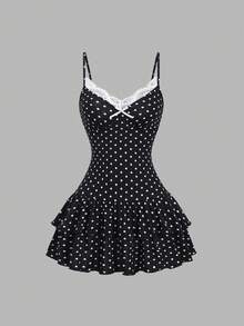 Sweetra Women's Cute Black And White Polka Dot Summer 1960s Vintage Mini Dress,Elegant Night Out Party Beach Resort Ruffled Dress With Bow,A-Line Silhouette - Black and White - View 3
