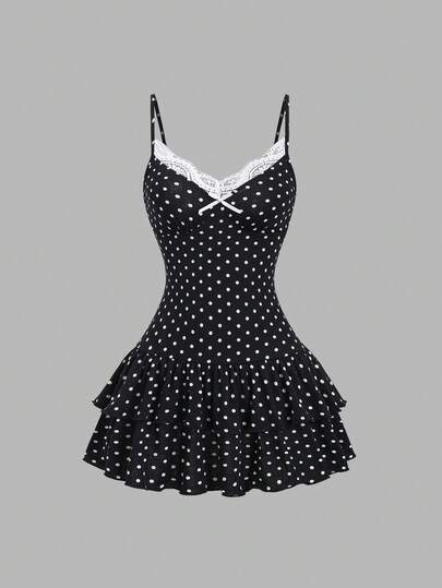 Sweetra Đầm chấm bi xếp tầng mới dành cho nữ, đầm đen thanh lịch thích hợp cho kỳ nghỉ hè, khu nghỉ dưỡng biển, tiệc tùng, sinh nhật, phù hợp cho mùa xuân, hè, thu, đông, cổ áo xếp tầng màu trắng tương phản, trang trí nơ, dáng chữ A, đầm ngắn xếp tầng.