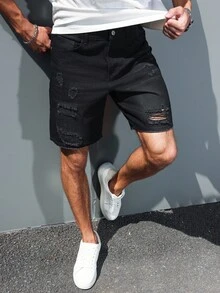 Manfinity Homme Plus Size Men's Summer American Street Distressed Denim Shorts - Black - View 6