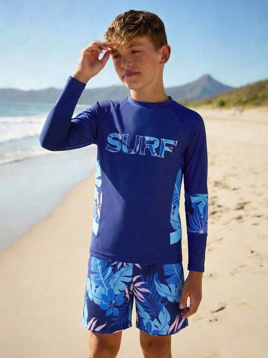SHEIN Tween Boys Swimwear,Navy Blue Summer Funny Beach Vacation Gift Holiday Rash Guard,2-Piece Set Long Sleeve SURF Letter Tropical Leaf Print - Navy Blue - View 1