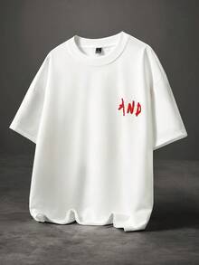 Manfinity Roghcode Men's Casual Slogan Embroidered Short Sleeve T-Shirt,White And Red Summer Letter Print Oversized Drop Shoulder Graphic Tee,Streetwear,City Break - White - View 2