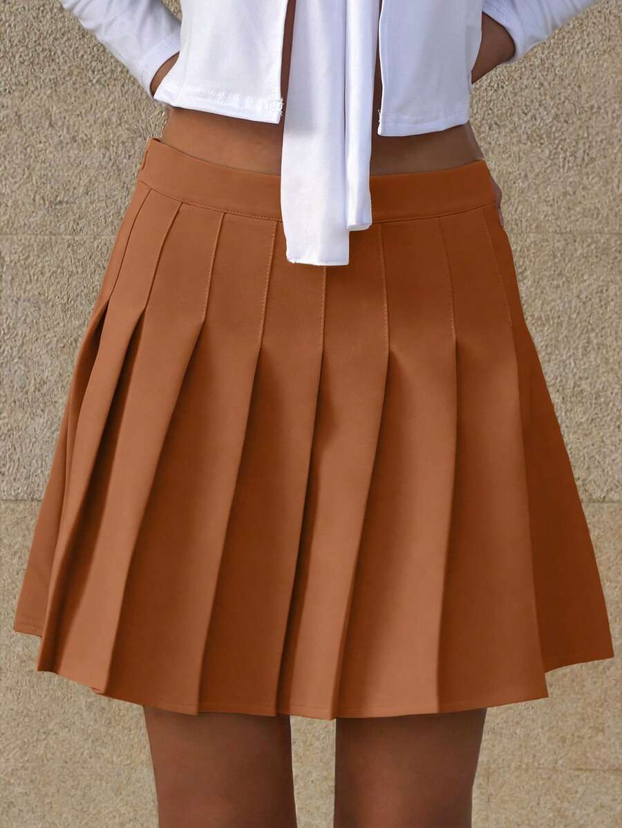 SHEIN Unity Women's Solid Color Pleated Mini Skirt, Collegiate Style - Brown - View 1