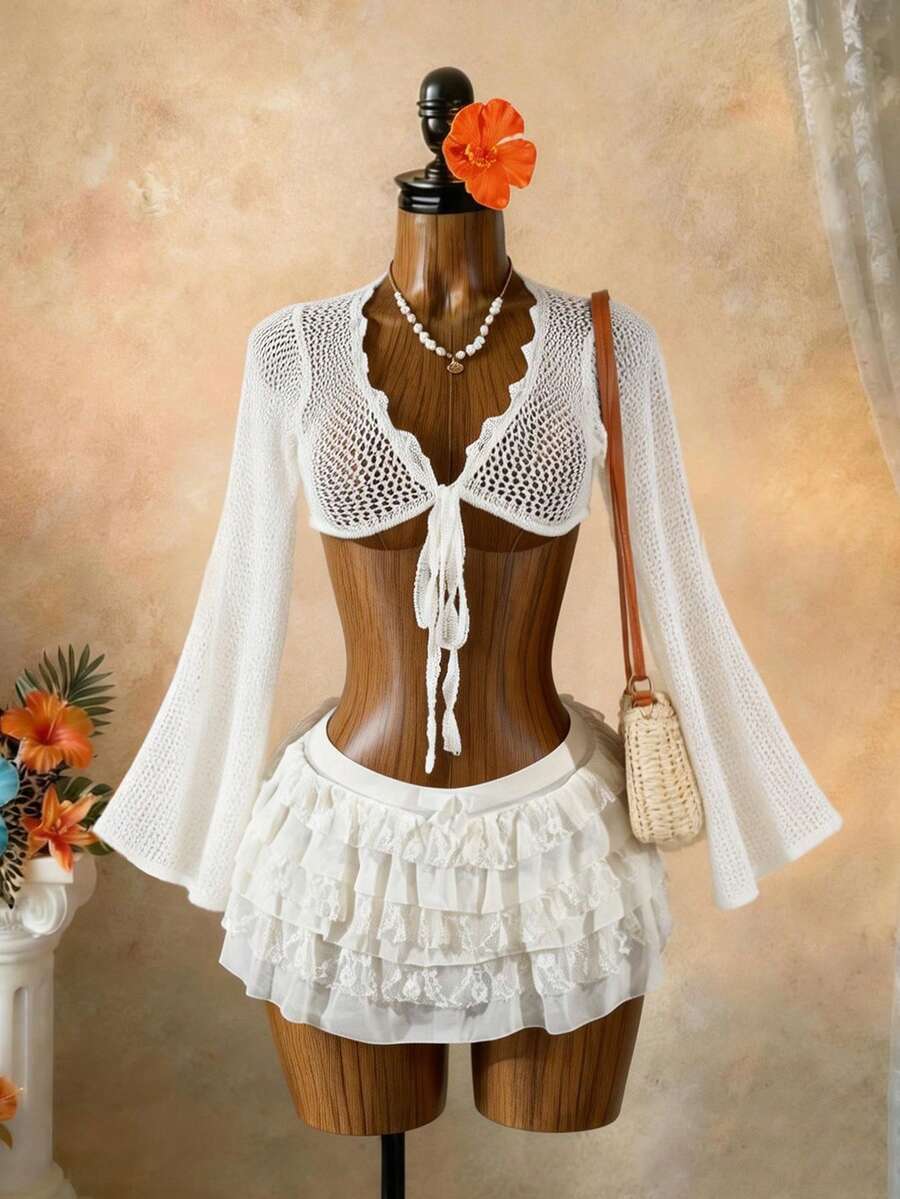 Celisse V-Neck Hollow Out Cropped Tie-Front Sexy Knit Crop Top - Apricot - View 1