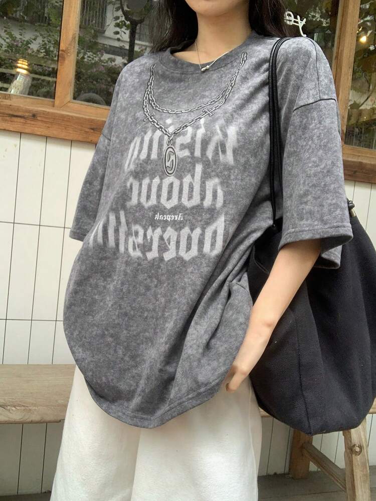 Women's Casual Distressed Letter Print T-Shirt, Summer