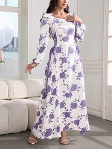 Al Najma Round Neck Lantern Sleeve Side Drawstring Dual-Color Print Dress - Purple - View 5