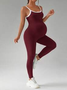 SHEIN Maternity Contrast Color Camisole & Pants Set,Word Cup - Burgundy - View 5