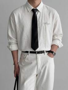 SWAVVY Men's Fashion Letter Embroidered Long Sleeve Shirt With Necktie - White - View 2