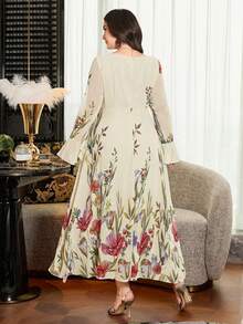 Modelyn Plus Size Long Sleeve Chiffon Double-Layer A-Line Floral Romantic Dress For Women - White - View 2