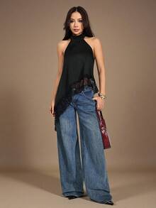 SHEIN PETITE Top halter con escote trasero, bajo asimétrico y parches de encaje, sexy para el verano - Negro - Ver 4