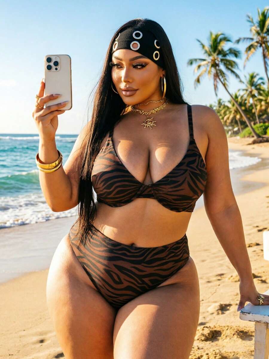 SHEIN Swim Curve 大码女士性感斑马纹比基尼泳装套装,夏季海滩 - 咖啡棕 - 查看 1