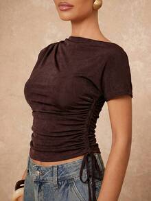 Lumalex Áo thun nữ thanh lịch kiểu dáng bất đối xứng vai, thắt eo bằng dây rút, thích hợp cho mùa hè. - màu nâu - Xem 12