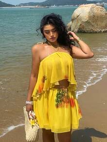 Sunnyshic 性感雪纺镂空露背吊带音乐节连衣裙 - 黃色 - 查看 3