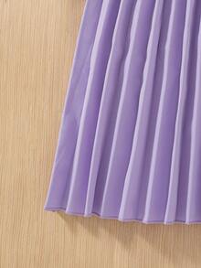 SHEIN ChillGRL Gaun Ulang Tahun Remaja Perempuan Putih, Musim Panas, Elegan, Berenda, Lengan Pendek Berkerut, Leher Bulat, Kancing Tetesan, Rok Lipit, Serbaguna untuk Sehari-hari, Perjalanan, Pesta - Purple - View 7