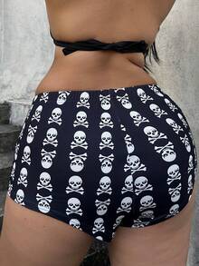 Whyspr Casual Punk Music Festival Coachella Knitted Short Casual Leggings With Skull Print, Spring/Summer - Black and White - View 2