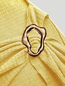Sweetra Plus Size Women's Stand Collar Flare Sleeve Asymmetric Metal Buckle Dress - Light Yellow - View 4