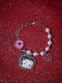Betty Boop x SHEIN 1 chiếc vòng tay hạt cườm hình hoạt hình người phụ nữ xinh đẹp, môi và trái tim, thiết kế ghép nối IP, đáng yêu, cá tính, đơn giản và trang nhã, phù hợp cho mọi loại tiệc tùng, buổi hòa nhạc, lễ hội, quà tặng tinh tế. - Vàng trắng - Xem 1