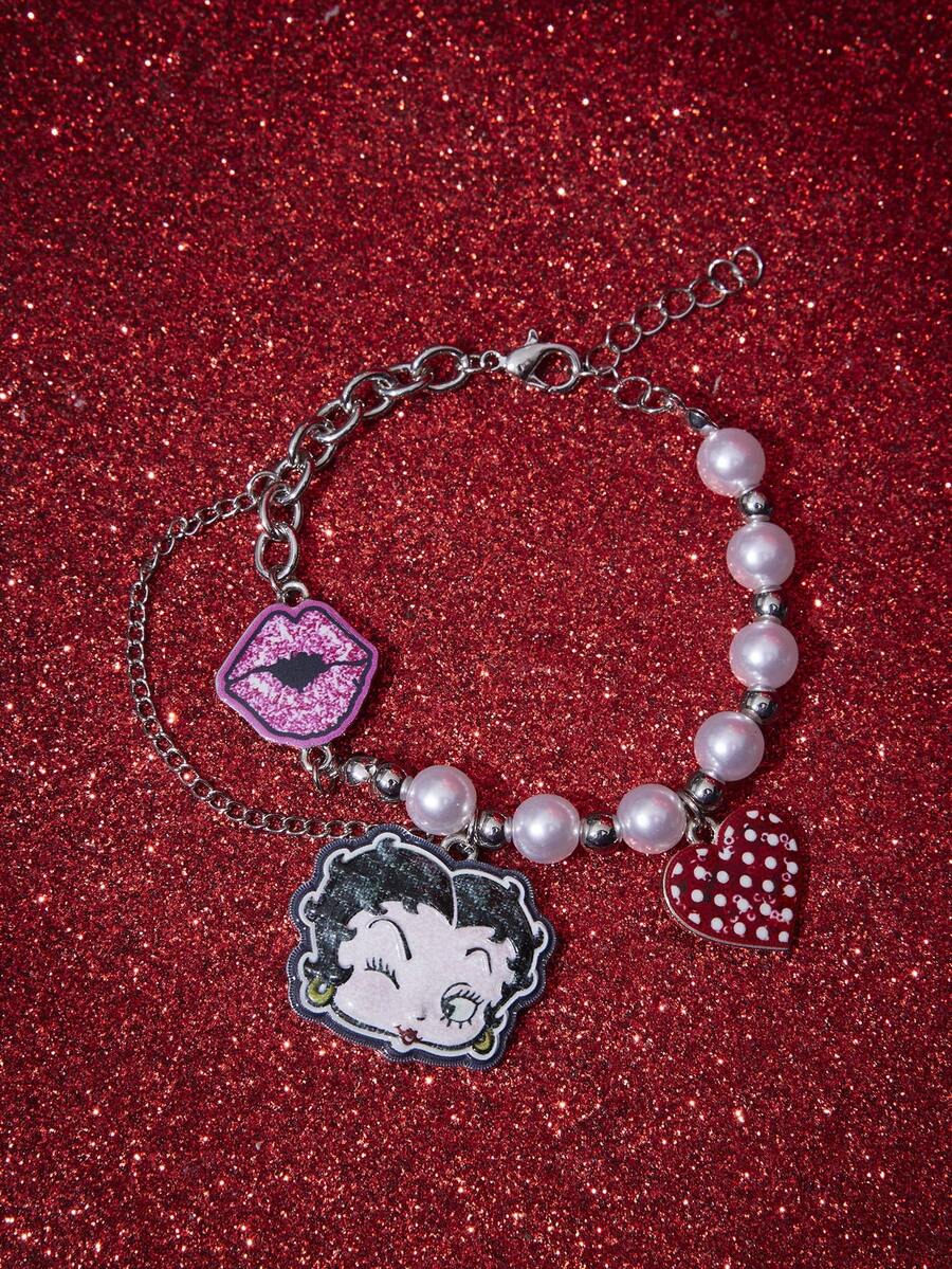 Betty Boop x SHEIN 1 chiếc vòng tay hạt cườm hình hoạt hình người phụ nữ xinh đẹp, môi và trái tim, thiết kế ghép nối IP, đáng yêu, cá tính, đơn giản và trang nhã, phù hợp cho mọi loại tiệc tùng, buổi hòa nhạc, lễ hội, quà tặng tinh tế. - Vàng trắng - Xem 1