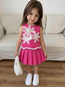 Elladie kids 2件組女童淺粉色夏季套裝，珍珠3D花朵上衣與百褶網球裙套裝，優雅可愛周歲正裝女童服飾，6歲 - 玫紅色 - 查看 3