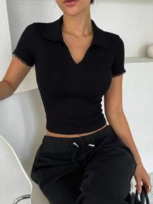 DAZY Áo thun ngắn tay ôm dáng, cổ bẻ, phối ren dành cho nữ. - màu đen - Xem 2