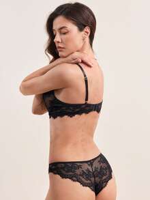 Hourtrue 2pcs/Set Lace Solid Color Sexy Women's Underwire Bra Setfor Summerfor Summer - Black - View 2