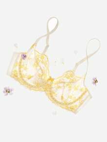 LUVLETTE 全罩杯透气无衬里蕾丝优雅网纱镂空细节内衣曲线黄色和白色薄纱显瘦新娘内衣文胸 - 米色 - 查看 8