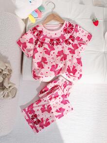 SHEIN 女童圆领蝴蝶结印花短袖上衣和裤子休闲家居服睡衣套装 - 彩色 - 查看 5