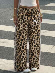 Muchica Quần thể thao nữ phong cách tối giản, họa tiết da báo, in khẩu hiệu NY, viền tương phản, thích hợp cho các hoạt động thể thao, thi đấu, lễ hội âm nhạc, kỳ nghỉ, phong cách đường phố, mùa tốt nghiệp. - Nhiều màu - Xem 3