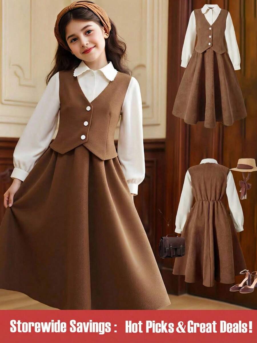 SHEIN 長袖白色深棕色拼接領優雅復古女童連身裙,適合返校、生日派對、學校及其他場合,休閒穿搭 - 彩色 - 查看 1