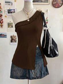 Lyxana Women's Solid Color One Shoulder Side Slit Hem Fashionable Top - Brown - View 4