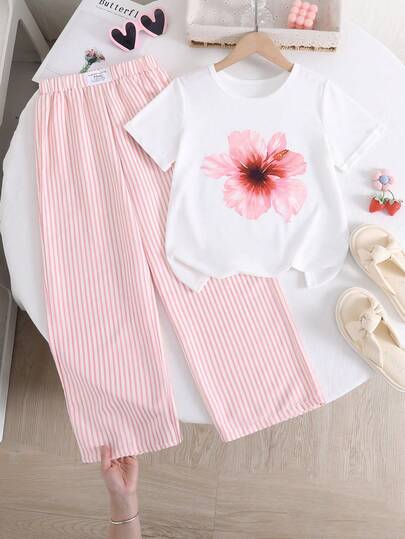 Sparklyn Conjunto informal de camiseta y pantalones con estampado de cuadros y cerezas para niñas