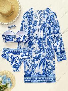 Swim Vcay 3pcs Printed Tankini Swimsuit Set With Push Up Underwire - Blue - View 4