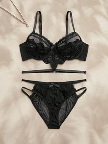 Charlaine 两件套黑色蕾丝花卉刺绣优雅性感内衣套装 - 黑色 - 查看 1