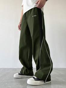 Manfinity EMRG Men's Casual Color Block Drawstring Straight Leg Pants, Loose Fit Long Black Patchwork Straight Leg Sweatpants For Outdoor - Army Green - View 5