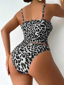 SHEIN Swim Bộ bikini nữ mùa hè gợi cảm họa tiết da báo với dây đeo điều chỉnh được. - Đen và trắng - Xem 2