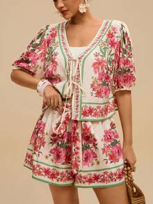 Travachic 大码女式格子印花短裤套装，前系蝴蝶结上衣和短裤，舒适的两件套，适合夏季度假 - 彩色 - 查看 6