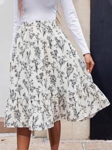 SHEIN LUNE 碎花印花弹力腰荷叶边下摆休闲半身裙波西米亚风半身裙女士夏季穿搭碎花半身裙女裙女装半身裙 - 杏色 - 查看 11