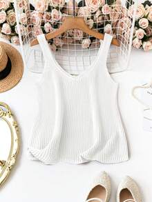 SHEIN Clasi Plus Size Sleeveless Solid Color Knit Casual Top - White - View 1