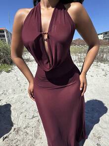 Alexandranx Women's Holiday Outfit - Solid Dark Purple Plunge Neckline Backless Dress, Elegant Halter Backless Beachwear For Ladies Beach Outfits For Woman Swim Coverup Women Swimsuit Cover Up Bathing Suit Cover Up Playa Beach Cover Up Women Beach Outfits For Woman Beach Dress Country Concert Outfit, Tulle Wraps, Festival - Burgundy - View 5