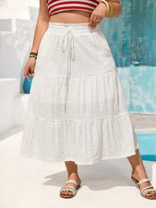 Vivid Eden Women's Plus Size White Eyelet Tiered Midi Skirt,Summer Boho Vacation Holiday Beach Casual Bohemian Birthday Outfit Drawstring Ruffle Hem - White - View 9