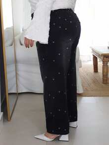 Pretty and Ole 心形印花花卉宽松直筒做旧水洗长款牛仔裤，四季皆宜 - 黑色 - 查看 5