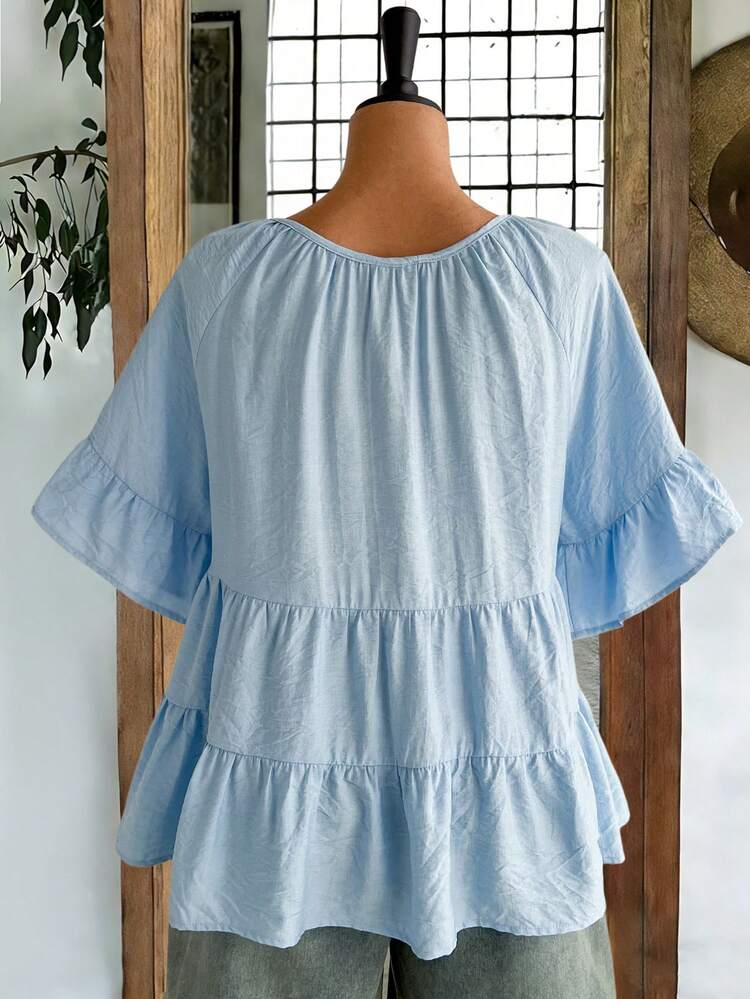 Plus Size Women's Summer Casual Vacation Country Solid Blue Ruffle Sleeve Blouse Top Shirt,Casual Holiday Style,Summer Outfits For Women ,Vacation Outfits Women ,Holiday Outfits For Women,Going Out Outfits, New Clothes,Simple And Fashionable For Everyday Wear,Suitable For Summer, Vacation, Daily Wear, Festival Outfits For Women,Country Concert Outfit,Beach Outfits For Women,Western Style,,Gifts For Mother,Boho  Shirt,Tunic Blouse