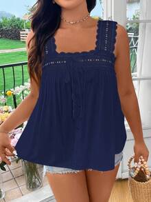 Flirla Plus Size Summer Casual Solid Color Contrast Lace Sleeveless Shirt - Navy Blue - View 7