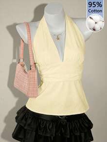 SHEIN ICON 95%纯棉深V领露背系带A字吊带背心，黄色 - 淡黃色 - 查看 1