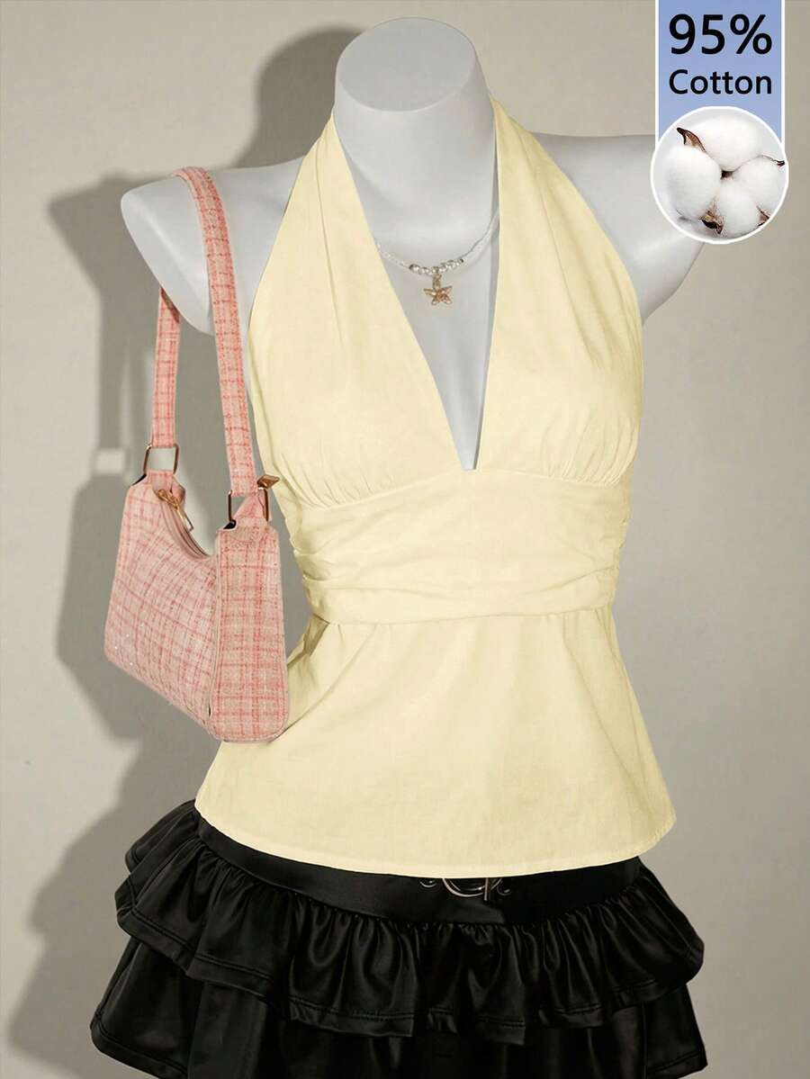 SHEIN ICON 95%纯棉深V领露背系带A字吊带背心，黄色 - 淡黃色 - 查看 1