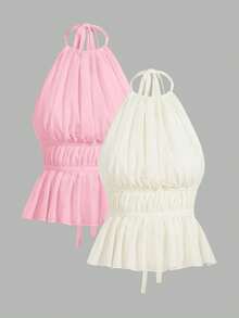 Comfortcana 女士性感纯色褶皱露背吊带背心两件套 - 彩色 - 查看 9