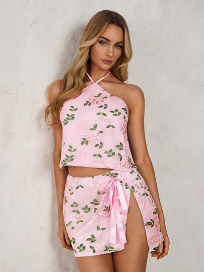 SHEIN Glamour New Chinese Style Sweet & Gentle Girly Pink Woven Non-Stretch Halter Backless Design With Bow Tie Adjustable Waist, Asymmetric Hem With Bow Tie Adjustable Skirt, Suitable For Different Hip Sizes, Women 2-Piece Set Floral Two Piece Set Spring Two Piece Set Pink Two Piece